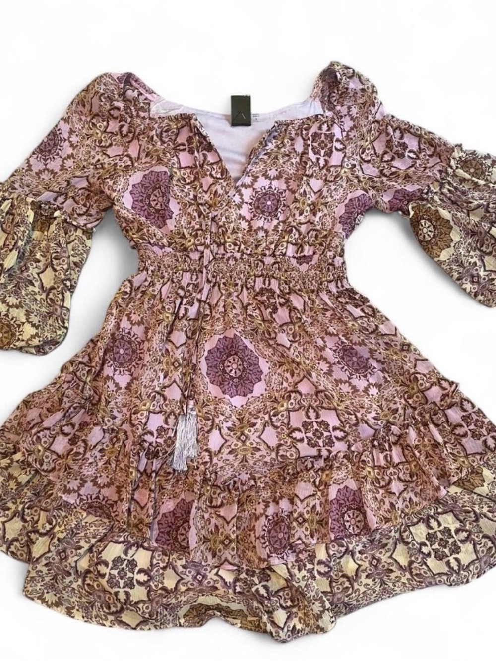 Taylor Pink and Brown Boho Midi Dress festival hippie with Tassel Tie